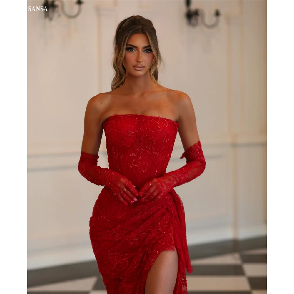 

Красное платье для выпускного вечера Sansa без бретелек с разрезом по бокам и высоким разрезом, со складками, без рукавов, Vestidos De Noche, длиной до пола, вечер 20