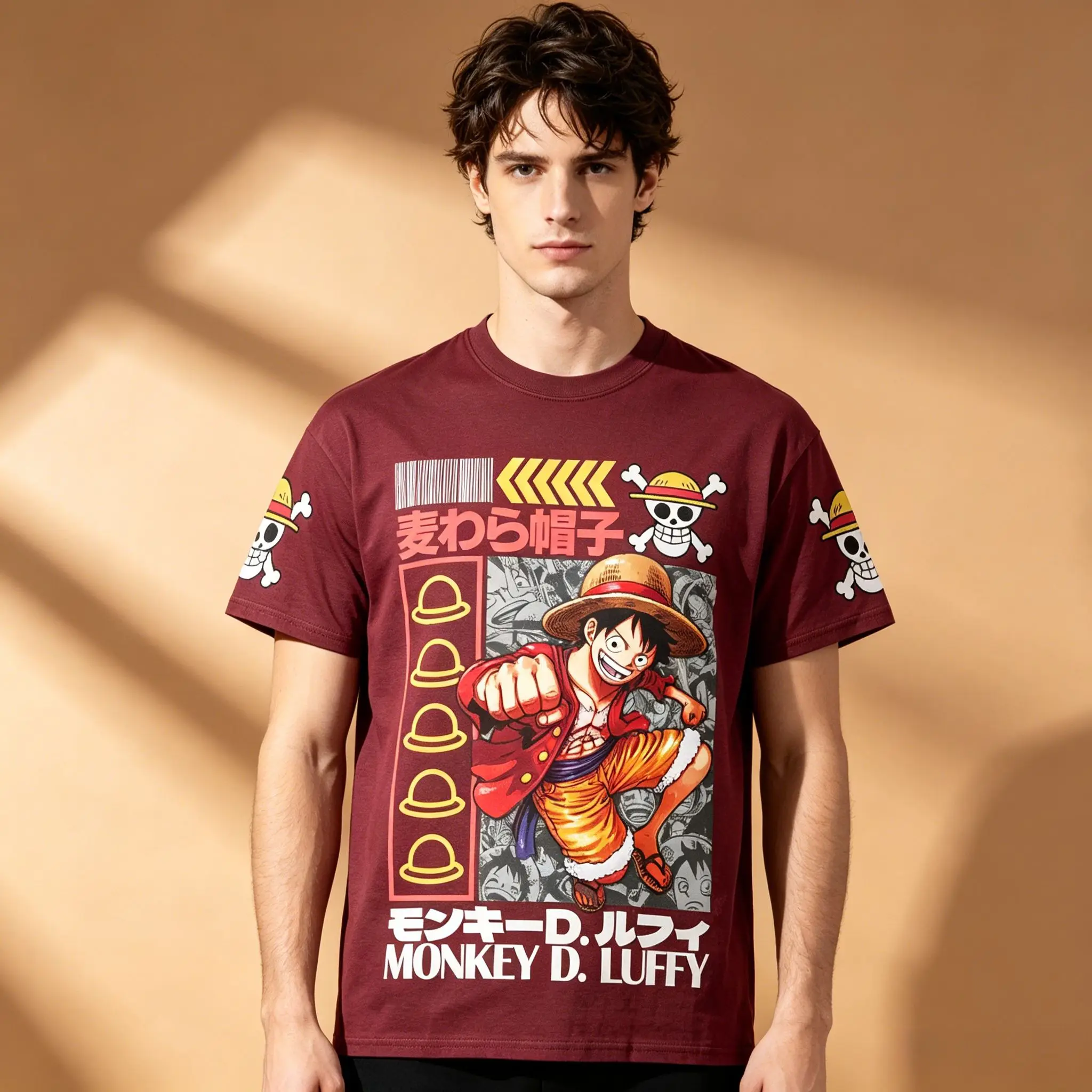 Herren-T-Shirt „One Piece Monkey D. Luffy Straw Hat Pirates“ mit japanischem Text und Ärmeldruck, Rundhalsausschnitt, Burgunderrot, Vintage Otaku Stre