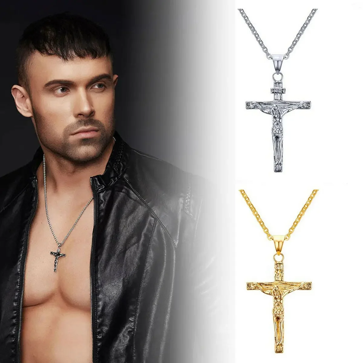 Crucifix jésus-Christ pour hommes et femmes, bijoux à la mode, couleur or marron argent, pendentif croix en métal avec chaîne de cou, colliers pour femmes