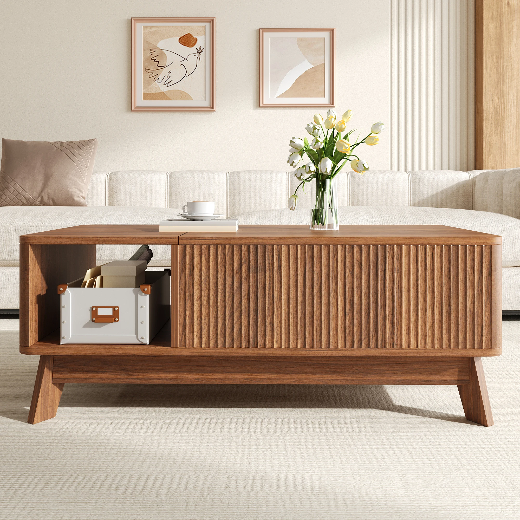 Moderner Couchtisch mit Hebedeckel und Verstautem Stauraum, Wellenförmiger Multifunktionaler Schreibtisch & Beistelltisch für Wohnzimmer