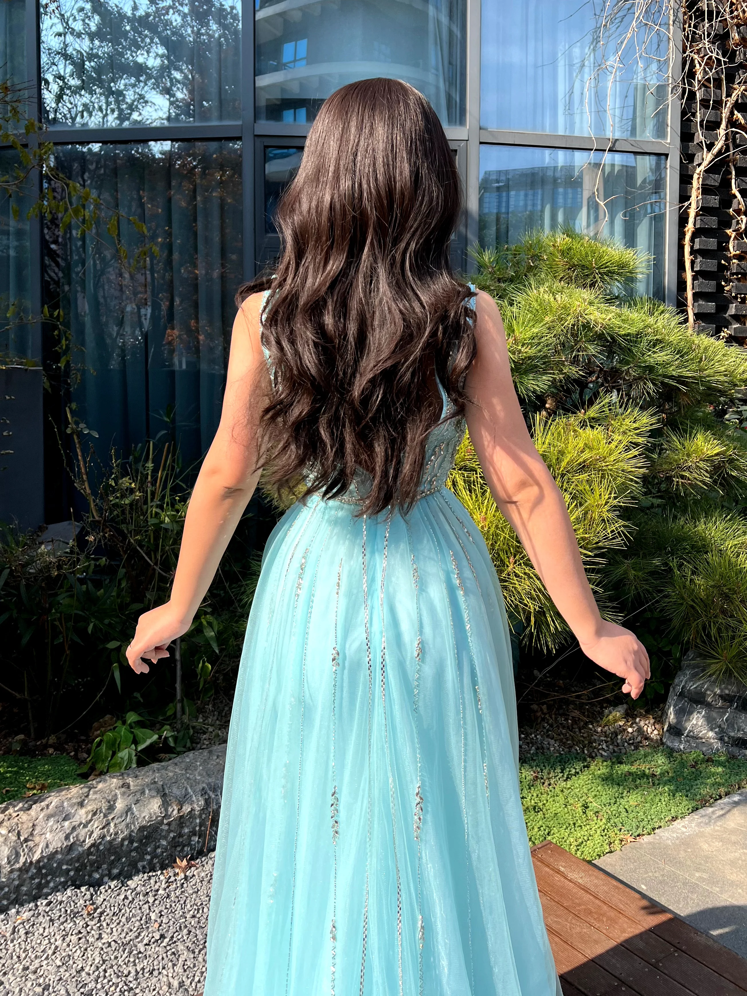 شاليمار تشانغ فساتين السهرة الزرقاء طويلة الأكمام التطريز اليدوية حسب الطلب