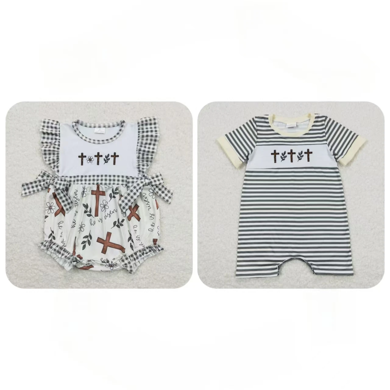

Wholesale Children Kids Toddler Baby Boy Girl Embroidery Stripes Plaid Newborn Easter Short Sleeves Romper Clothes