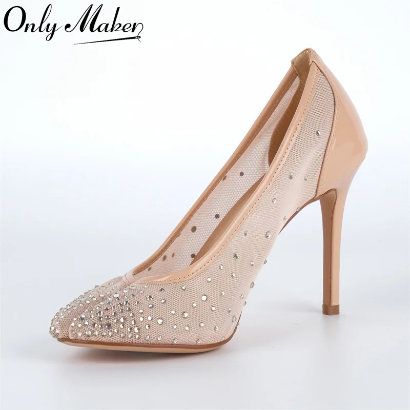 

Onlymaker Women Split Toe 10CM Rhinestone Mesh Pumps High Heeled Big Size Slip On Party Wedding Bride Stiletto Pumps