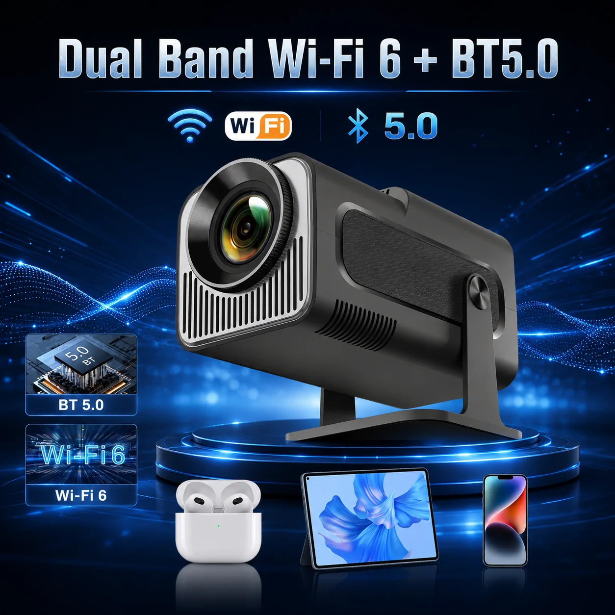 ZNLYRION 4K Decode Mini Smart Projektor 720P Native Android 11.0 WiFi6 BT5.0 Tragbares Heimkino mit automatischer Trapezkorrektur und 130 Zoll Bildschirm