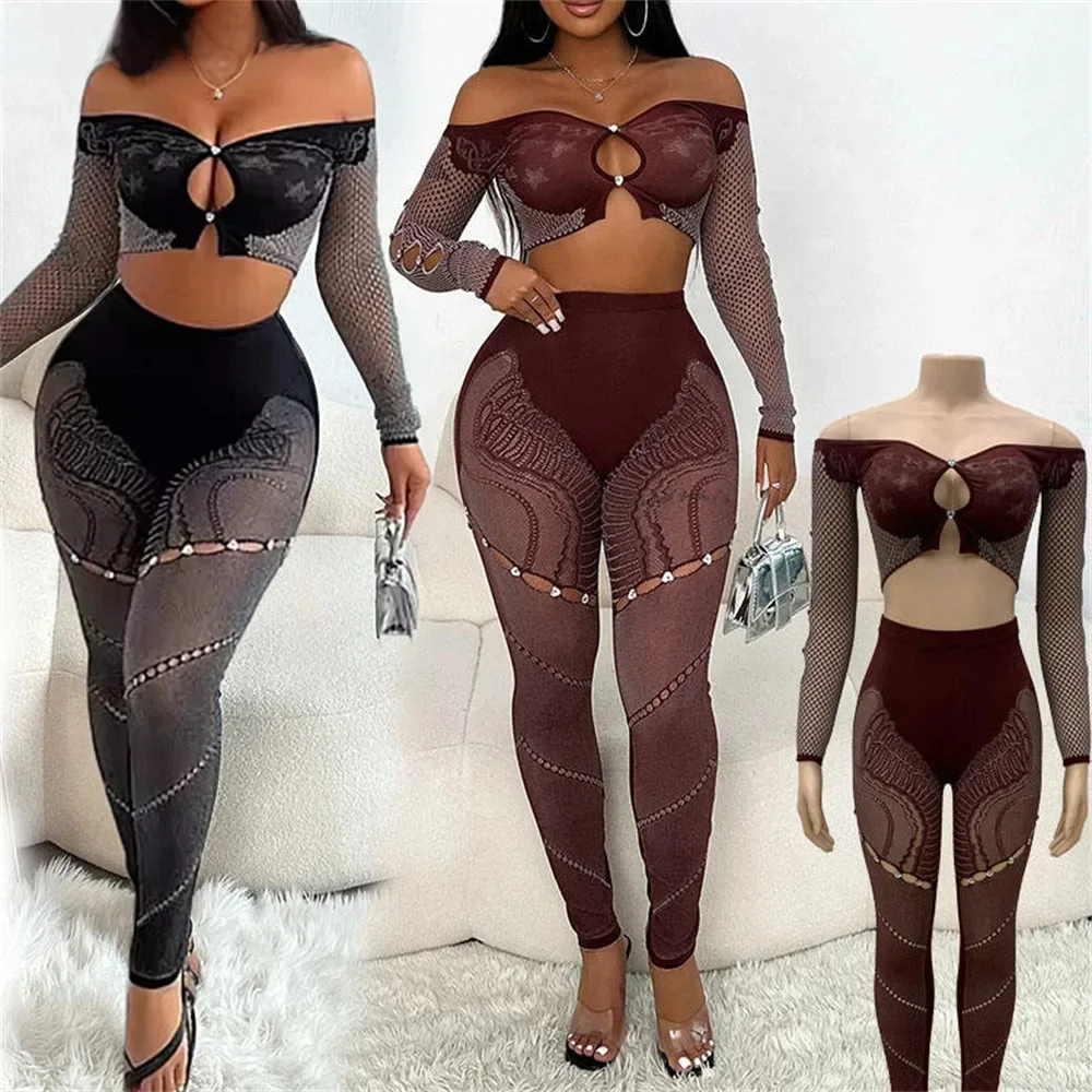 FAGADOER Gruby koronkowy seksowny 2-częściowy zestaw damski Off Shoulder Long Sleeves Crop Tops and Pants Odzież damska Elastyczna odzież klubowa — zdjęcie 2