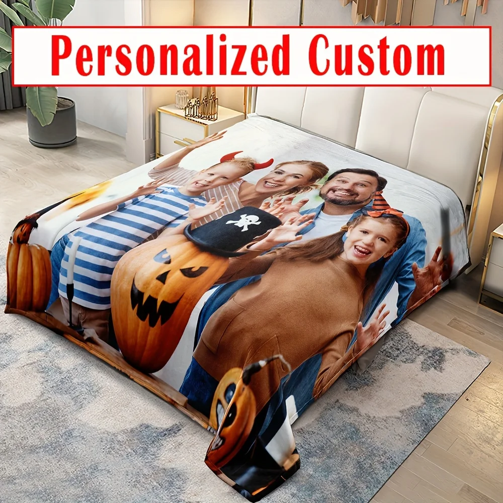 1pc Personalized Photo Blanket - Soft Reversible Microfiber Throw with Digital Print, Machine Washable, Ideal for Christmas