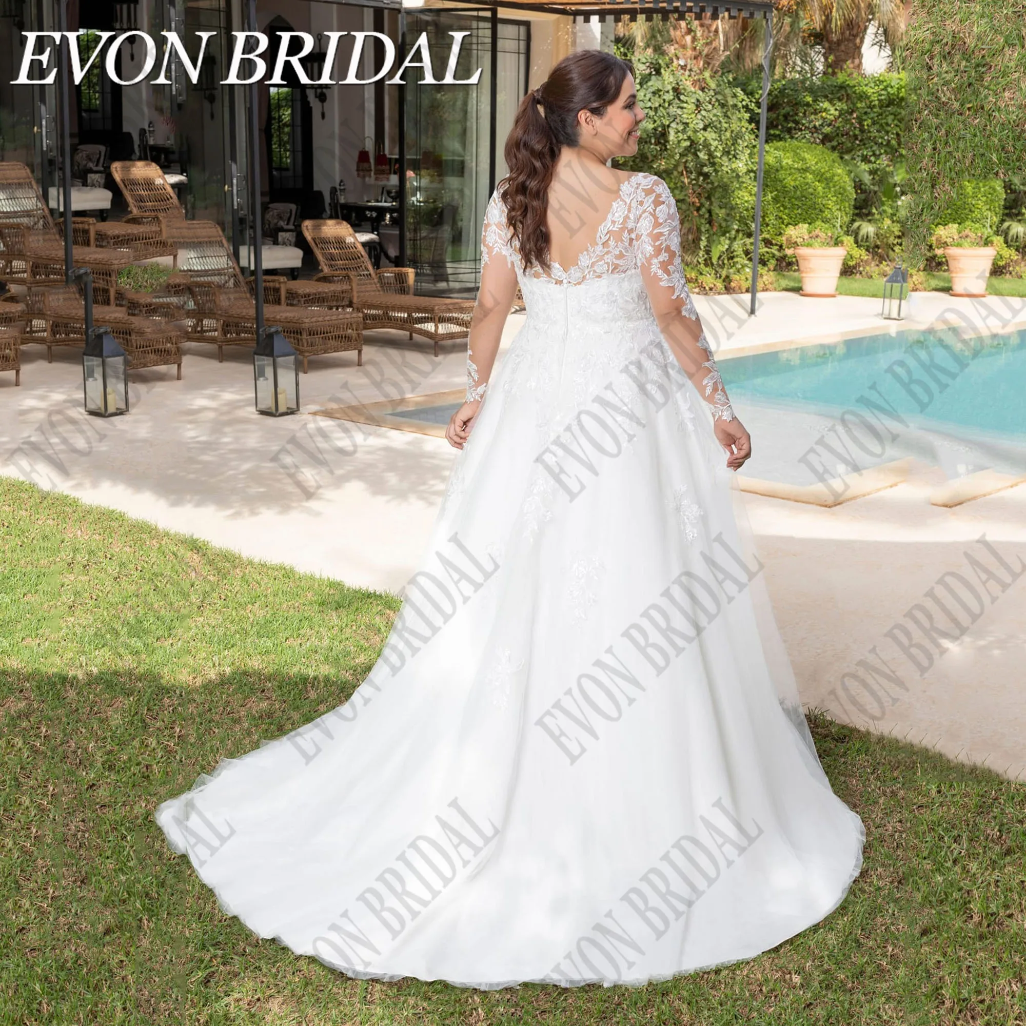 EVON BRIDAL Oversize Wedding Dresses Long Sleeves Backless A-Line Civil Bride Gowns Applique Tulle V-Neck Robe De Mariée 2024