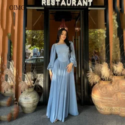 OIMG Elegant Blue A-line Formal Prom Gowns Full Sleeve Evening Dress Floor Length Women Party Dresses vestidos de mujer