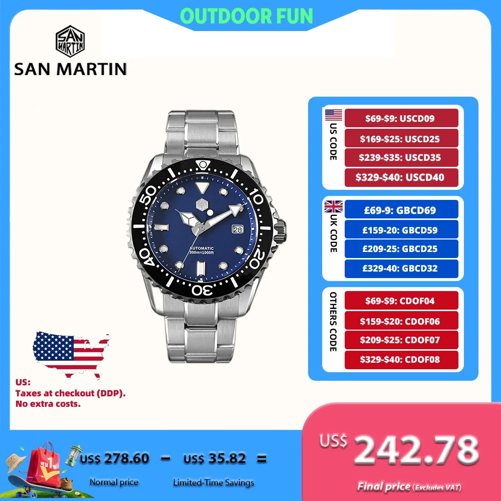 

San Martin 44 мм NH35 автоматические механические часы для дайвинга мужские 3H дата окно эмалированный циферблат браслет BGW-X1 30ATM Montre Homme SN0009B