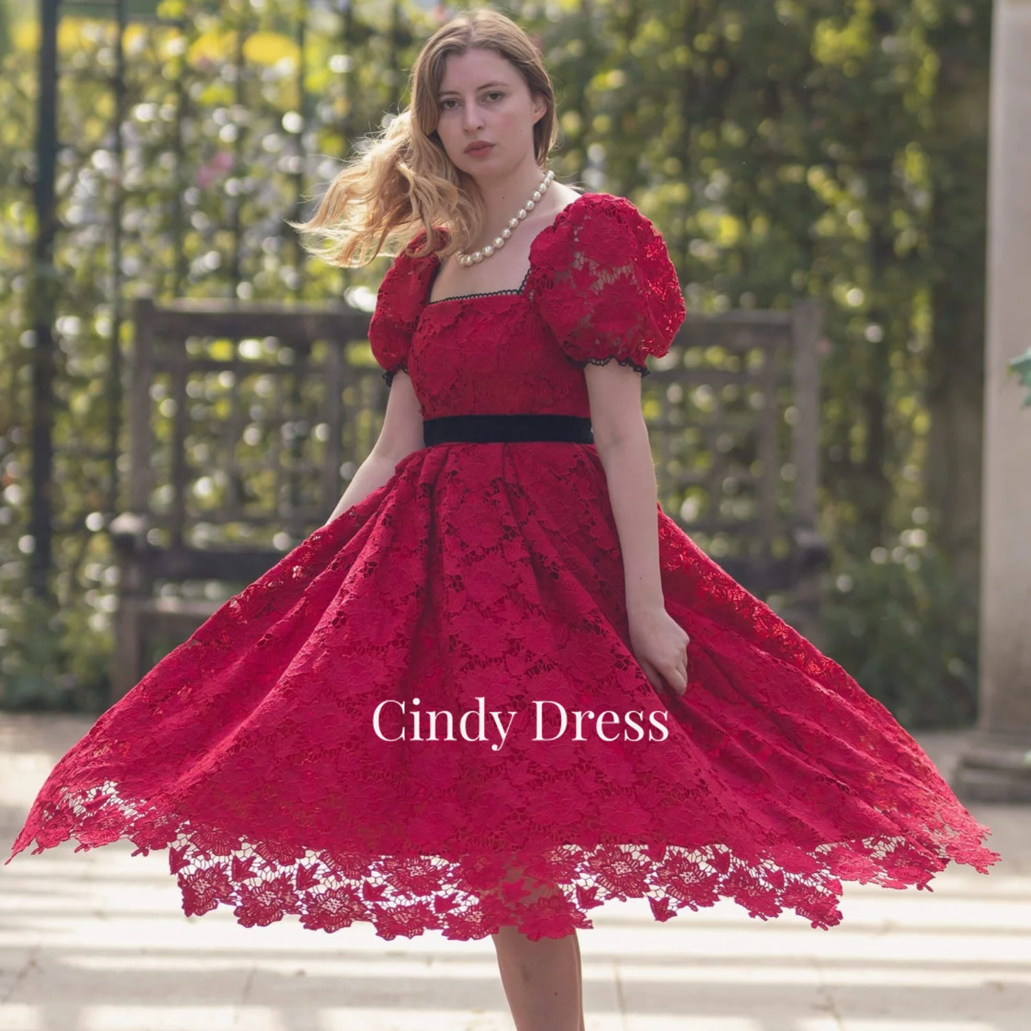 

Cindy Lace Puff Sleeves Square Neck A-line Wedding Guest Dresses for Women Luxury Evening Dress 2023 Women's Elegant Gowns Long