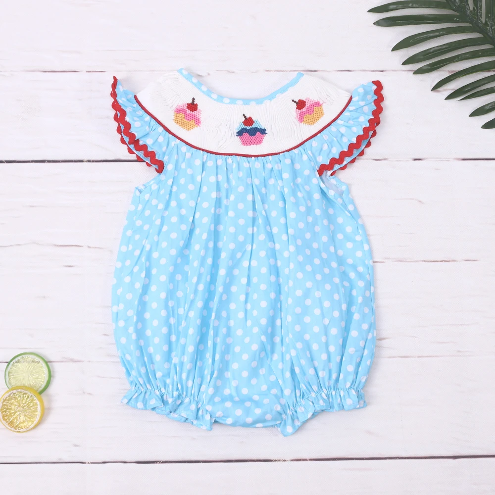 Boutique Hand Smock Summer Sleeveless Baby Girl Dress Jumpsuit White Round Neck Cake Blue Polka Dot Print Romper Kid Clothes