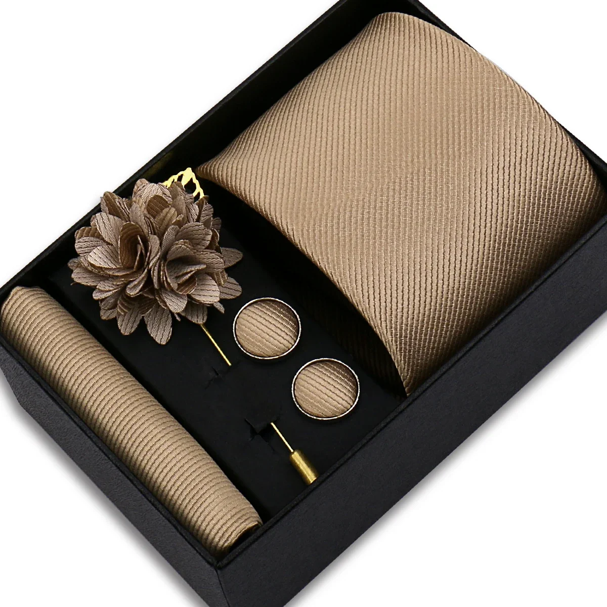 smvp Men's Solid Jacquard Tie Set with Hanky Cufflinks and Pin in Gift Box 3
