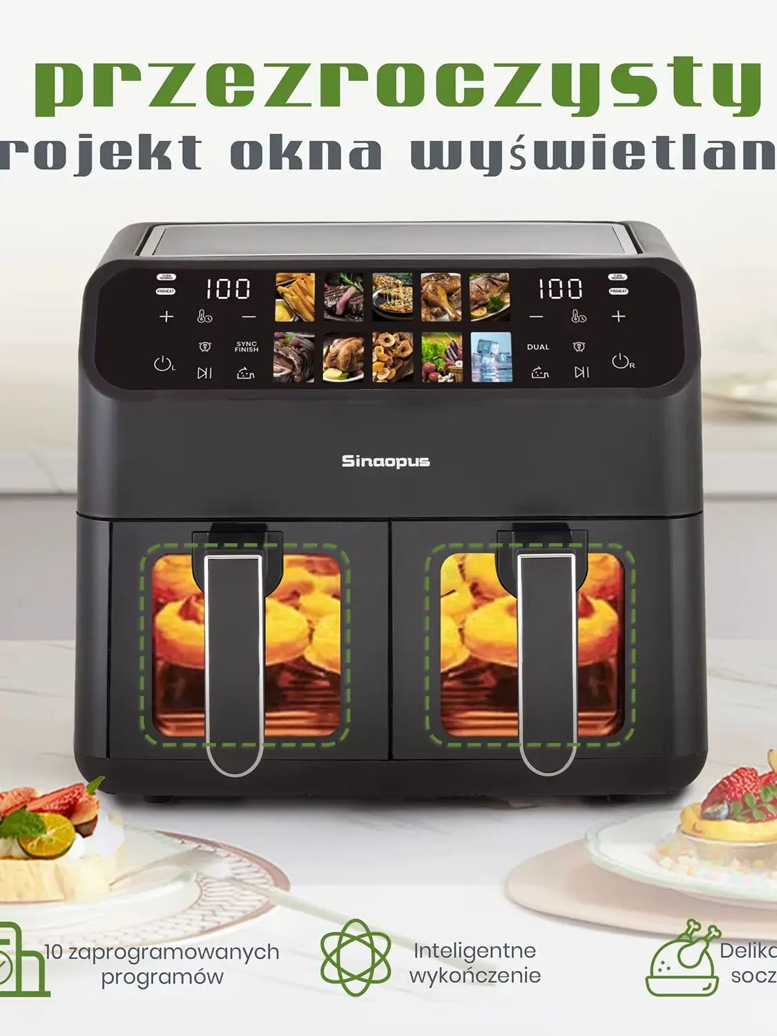 9L multifunctionele luchtfriteuses met dubbele mand Slimme machine Kijkvenster Elektrische hete friteuse Olievrij fornuis met LED-aanraakbediening - afbeelding 2