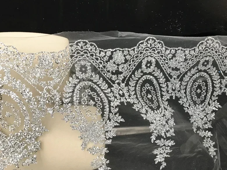 10 Yards zarte Hot-Fix-Glitzer-Spitzenapplikation für Hochzeitskleider, Blumenmuster, gold- und silberfarbene glänzende Perlen, Diamantperlen, Stickerei-Zubehör