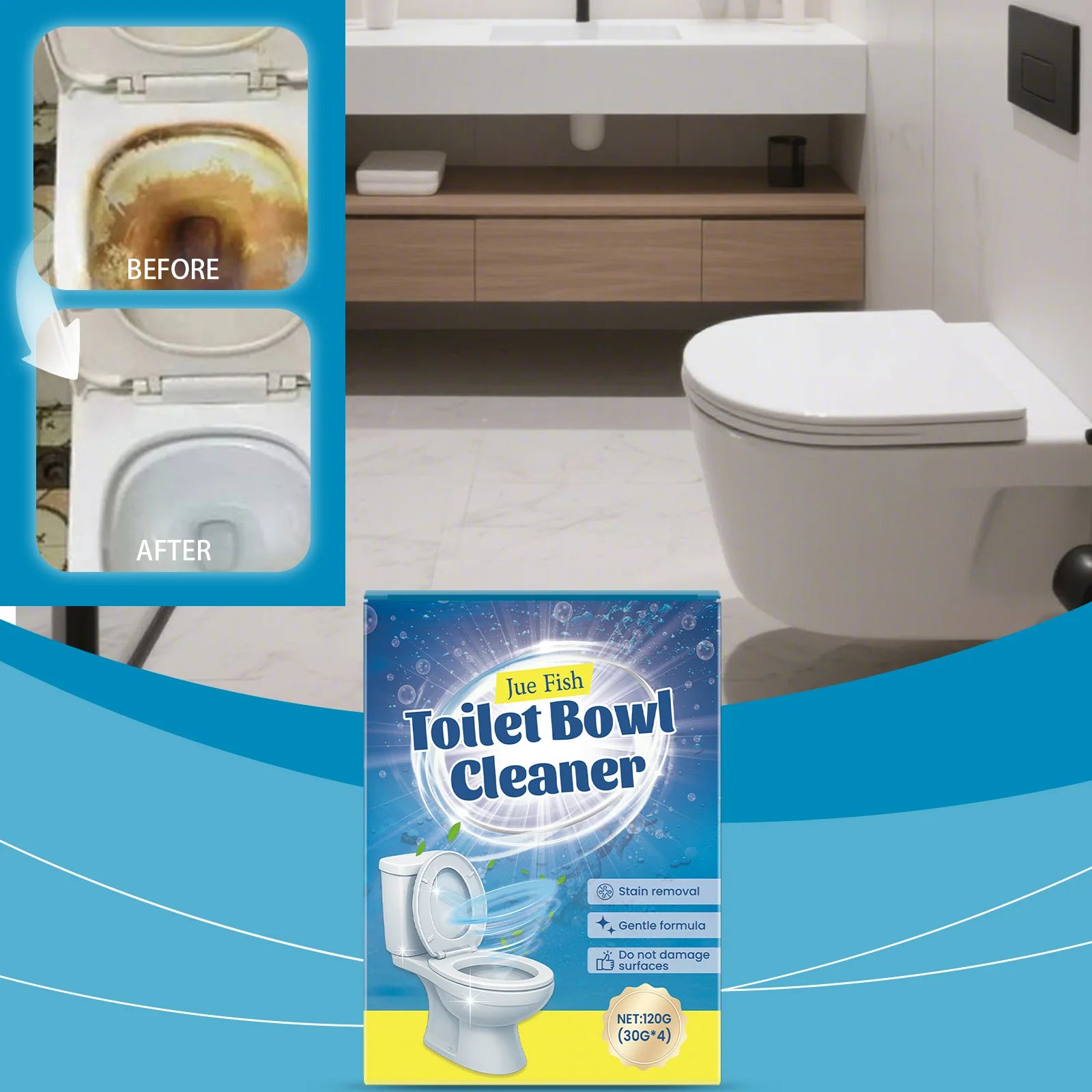 

JUE FISH Порошок для чистки унитазов: Мощное удаление грязи, устранение запахов, сохранение гладкости керамики, 4-в-1 средство для унитазов