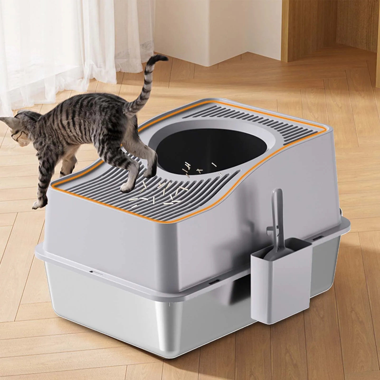 Bac à litière en acier inoxydable avec couvercle, bac à litière fermé avec tapis et pelle à litière, bac à litière extra-large à parois hautes, facile à nettoyer, amovible