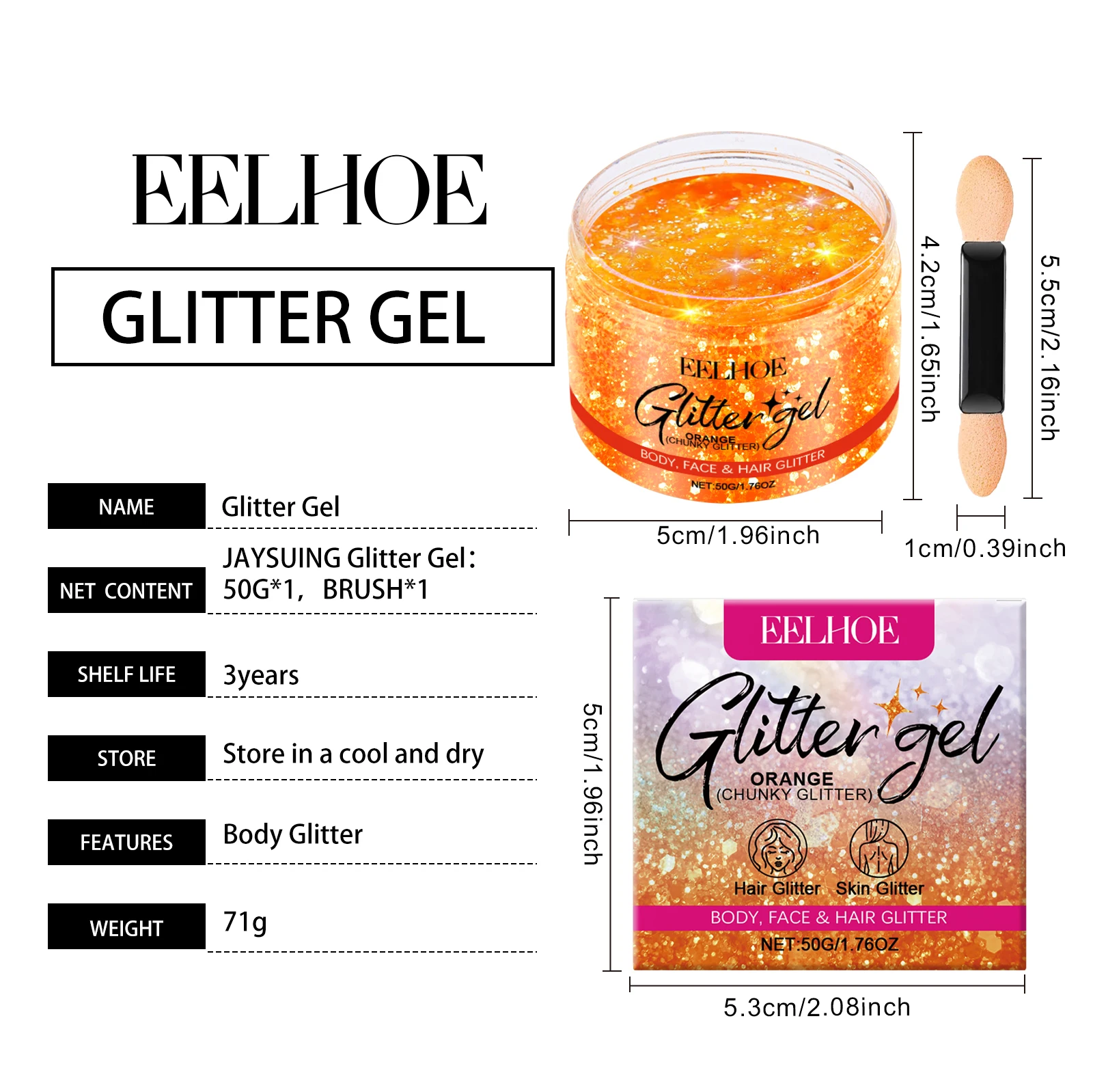 Eelhoe 50 جرام برتقالي لامع جل اشراق الجسم الترقوة عيد الميلاد السنة الجديدة حفلة ماكياج مهرجان لامعة تألق هيغليغتر جل