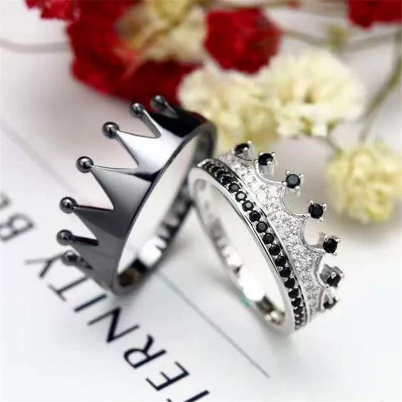 2 Piece Black And White Crown Ladies Party Rings Fashion Romantic Couple Jewelry Bridal Pair Rings