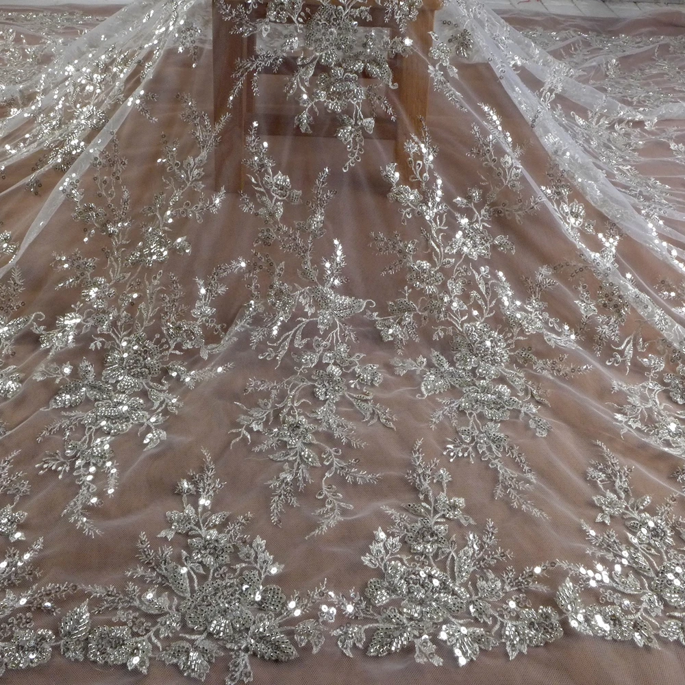 

HelluyerDc Silver beaded on ivory background lace fabric,Branches,flowers for wedding prom dress fabric ,can be use as lining