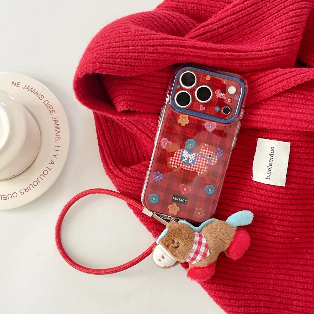 

Fashion cute plaid button bow pony phone case for iPhone 17 16ProMax16 15Pro fundas Korean INS simple shockproof protective case