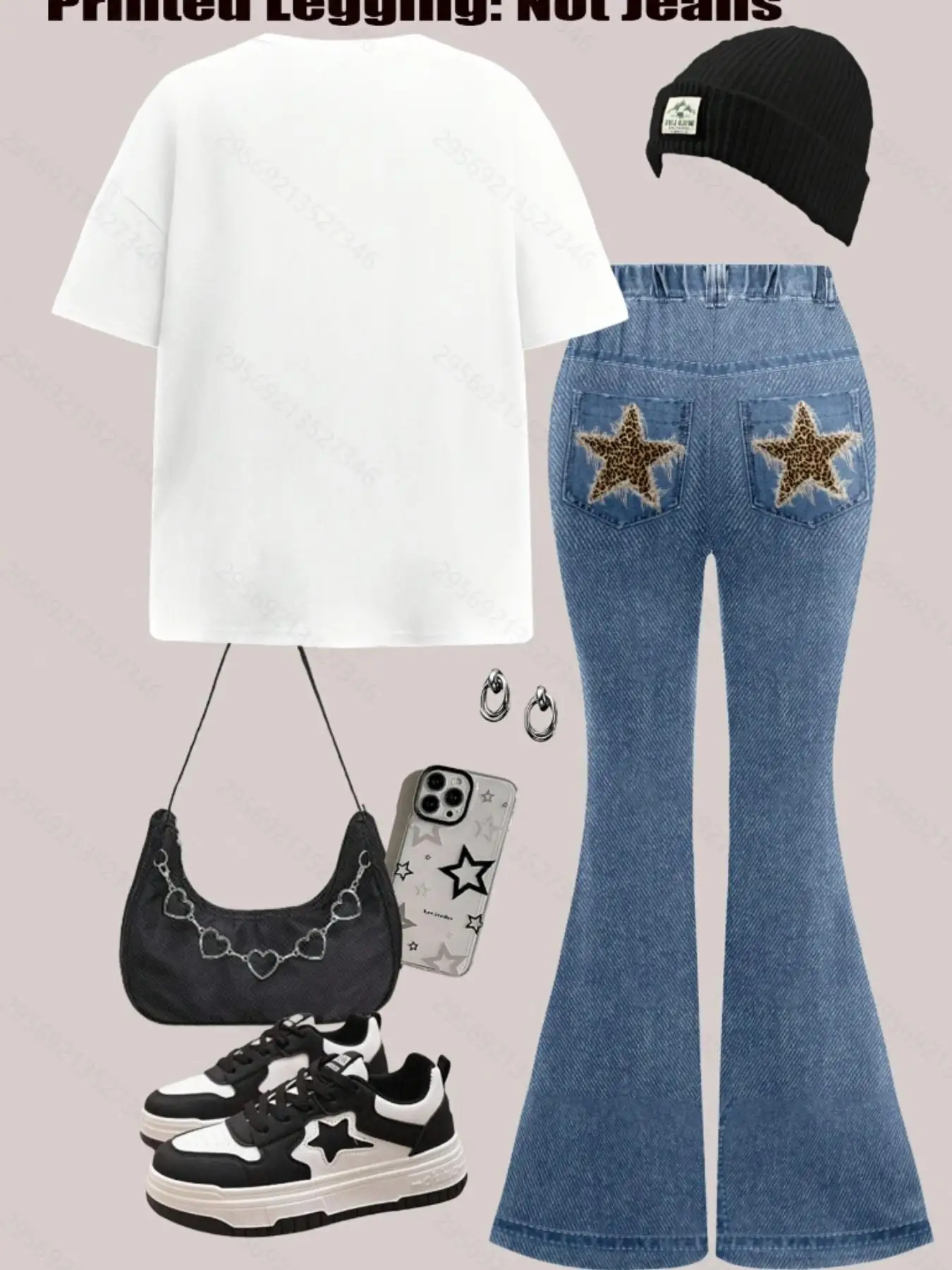 Girls' Two-Piece Casual Set: Short-Sleeve Crewneck T-Shirt and Flared Pants—Featuring Retro Leopard Print and Star Patterns for