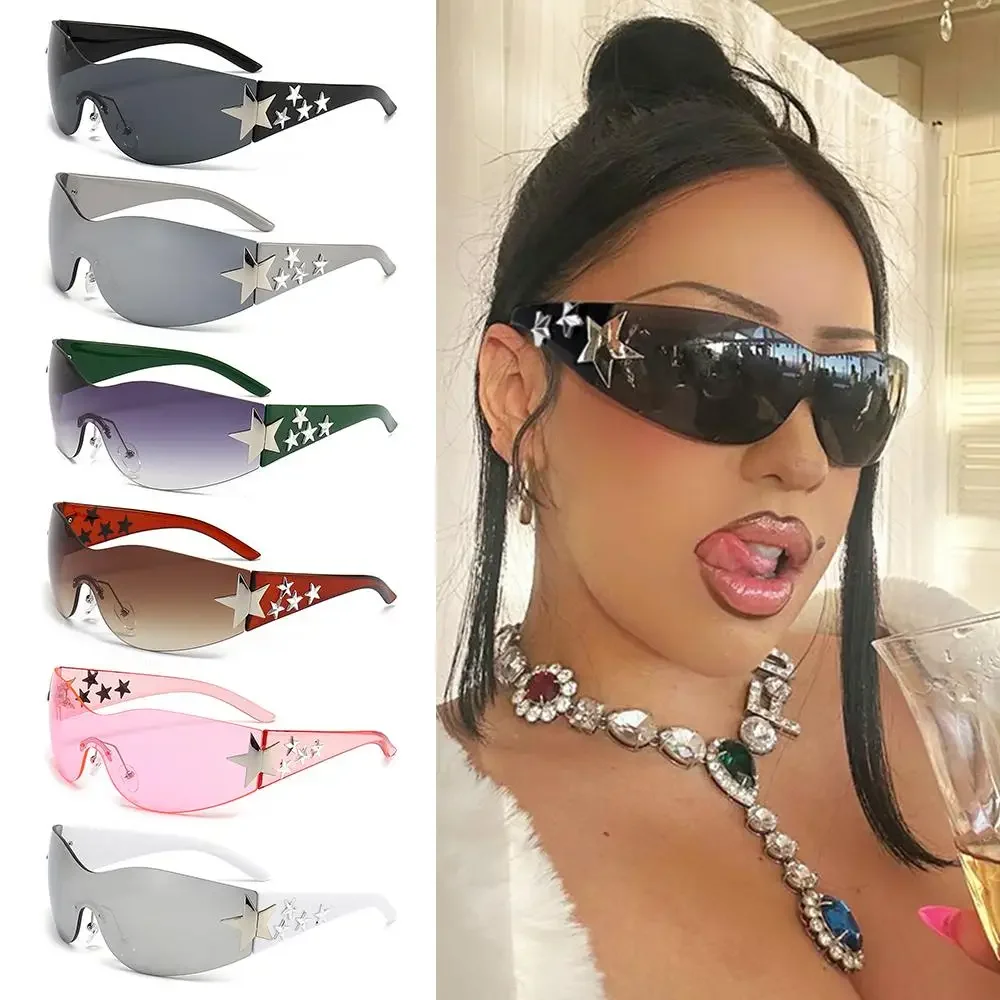 AliExpress NONE Rimless Y2K Sunglasses for Women and Men Star Wrap Around Sun Glasses Trendy Cool Black Sunglasses Fashion Shades for Outdoor