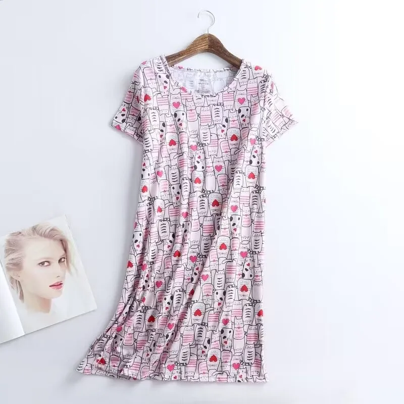 2024 Summer Female Casual Flower Print Sleep Dress Ladies Knit Cotton Nightgown Women Short Sleeve Plus Size Home Dresses M-XXXL