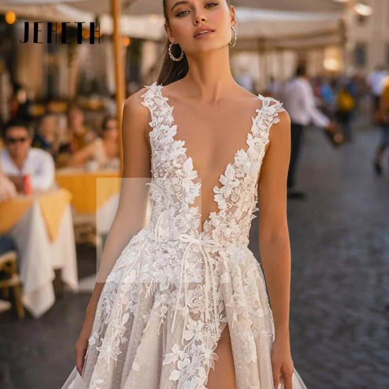 JEHETH Lace Boho Wedding Dresses For Dress Elegant A-Line Sleeveless 3D Appliqued Bride Gown Side Split Sexy Backless Dress