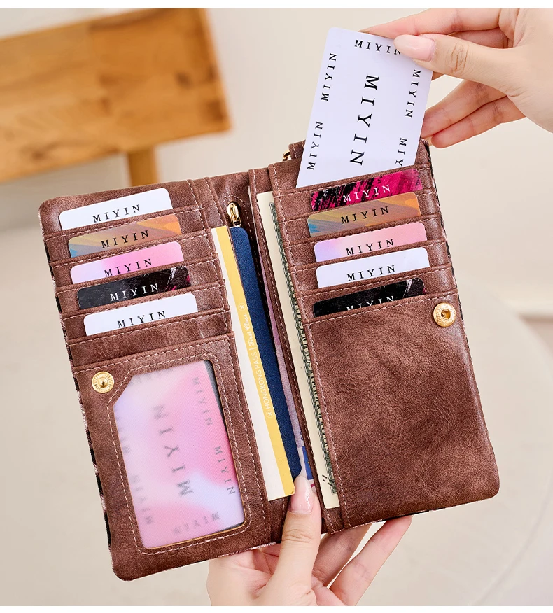 Vintage Damen-Geldbörse mit Leopardenmuster, Doppelreißverschluss, PU-Leder, lange Geldbörse, multifunktionale Kreditkarten-Clutch mit Handgelenkschlaufe – Detail 17