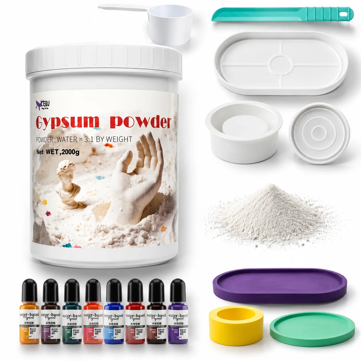 2,000g High-Density White Plaster Powder, DIY Resin Casting Powder For Plaster Dolls And Handmade Cement Crafts, Complete Kit With Colour Pigments, Moulds And Mixing Stick, Brand-New Packaging