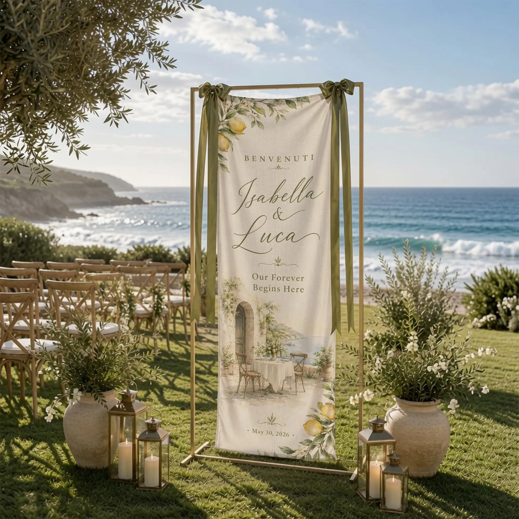 Personalized Wedding Welcome Sign, Custom Fabric Banner, Amalfi Coast Lemon Decor, Garden Ceremony Entrance Sign, Bows Not Inclu