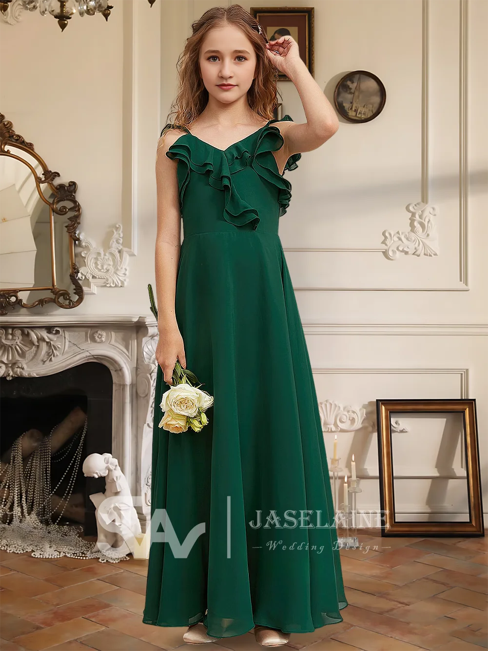 Elegante vestido de dama de honor junior de gasa hasta el suelo con cuello en V, vestido de niña de flores, fiesta para niñas, ocasión especial, boda Formal