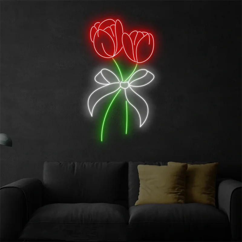 Letrero de neón de pajarita de tulipán, letrero Led de flor de tulipán, letrero de neón personalizado, decoración de pared de tienda de tulipán, arte de tienda de flores, regalos para amantes de las flores