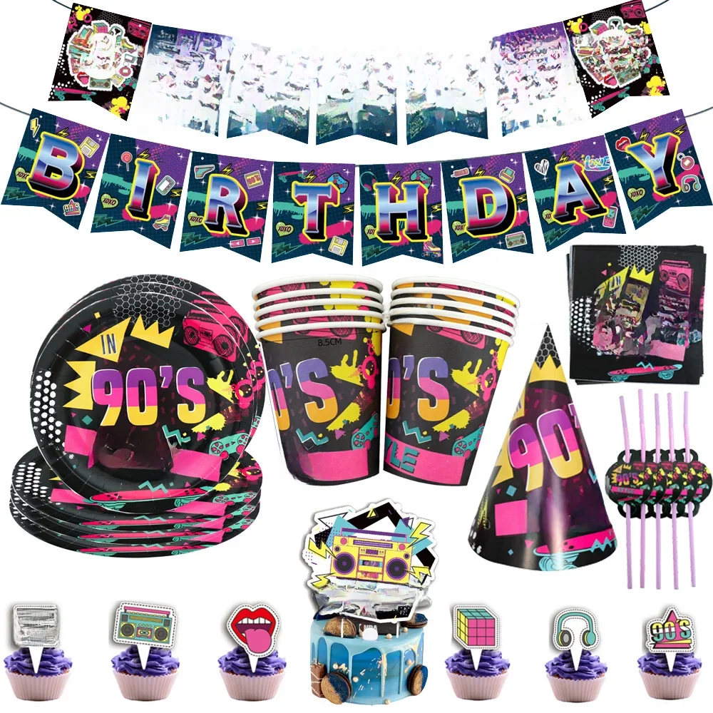 Fournitures de fête des années 90, assiettes en papier, serviettes, gobelets, couverts en plastique, femmes, hommes, amis, anniversaire, décorations de Table pour fête à thème des années 90