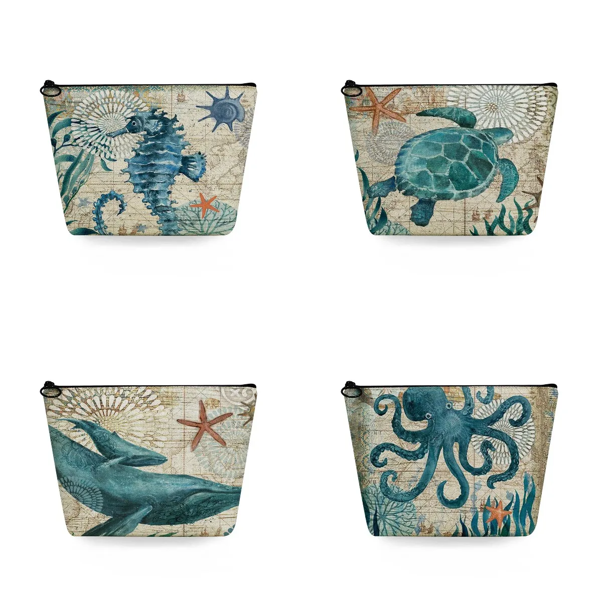 

Custom Travel Toiletry Bag High Quality Marine Life Animal Women's Cosmetic Bags Turtle Octopus Seahorse Whale Makeup Organizer