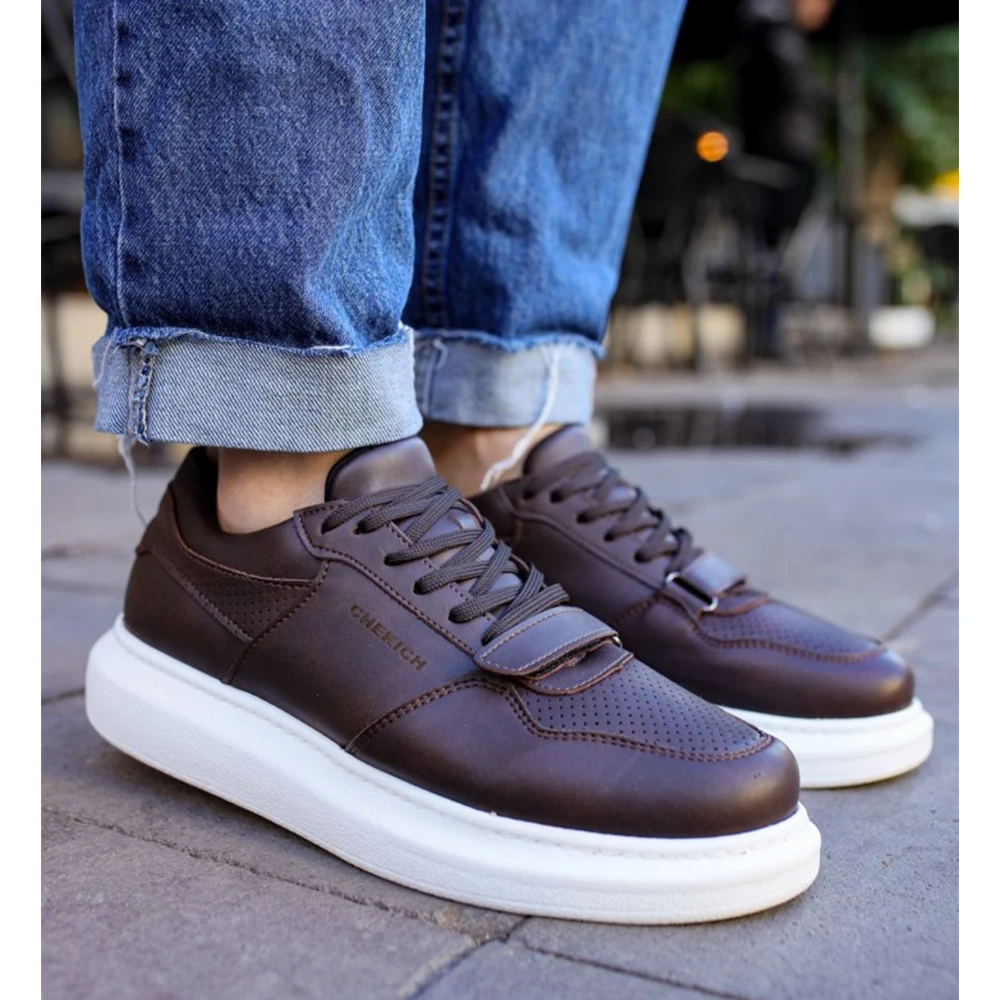 FOH Store Sneakers for Men BROWN Artificial Leather 2023 Spring Autumn Casual Lace Up Fashion Shoes High Base Sport Comfortable Light Daily Original Canvas Odorless Orthopedic Suits Office Wedding 073