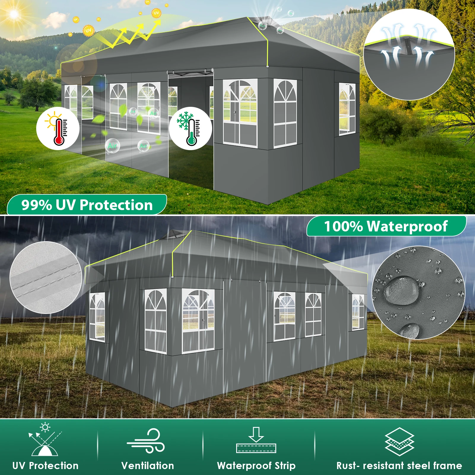 3x6m Folding Gazebo Event Canopy Pop Up Waterproof Party Tent With 6 Side Wall UV Protect For Garden Outdoor Commercial Wedding