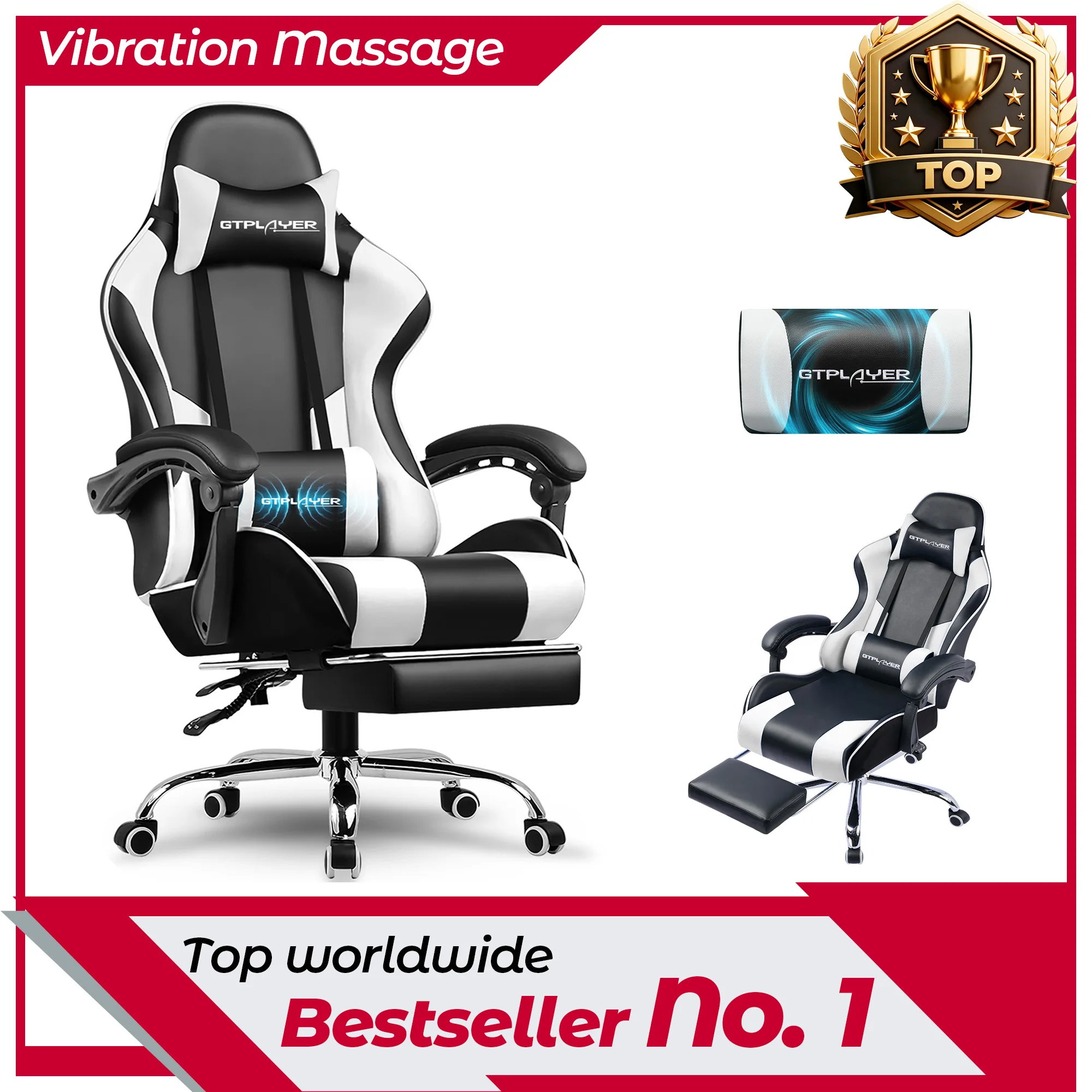 Silla Gaming GTPLAYER con Masaje, Silla Ergonómica para Oficina o Gamer con Reposapiés, Cojín Lumbar y Reposacabezas