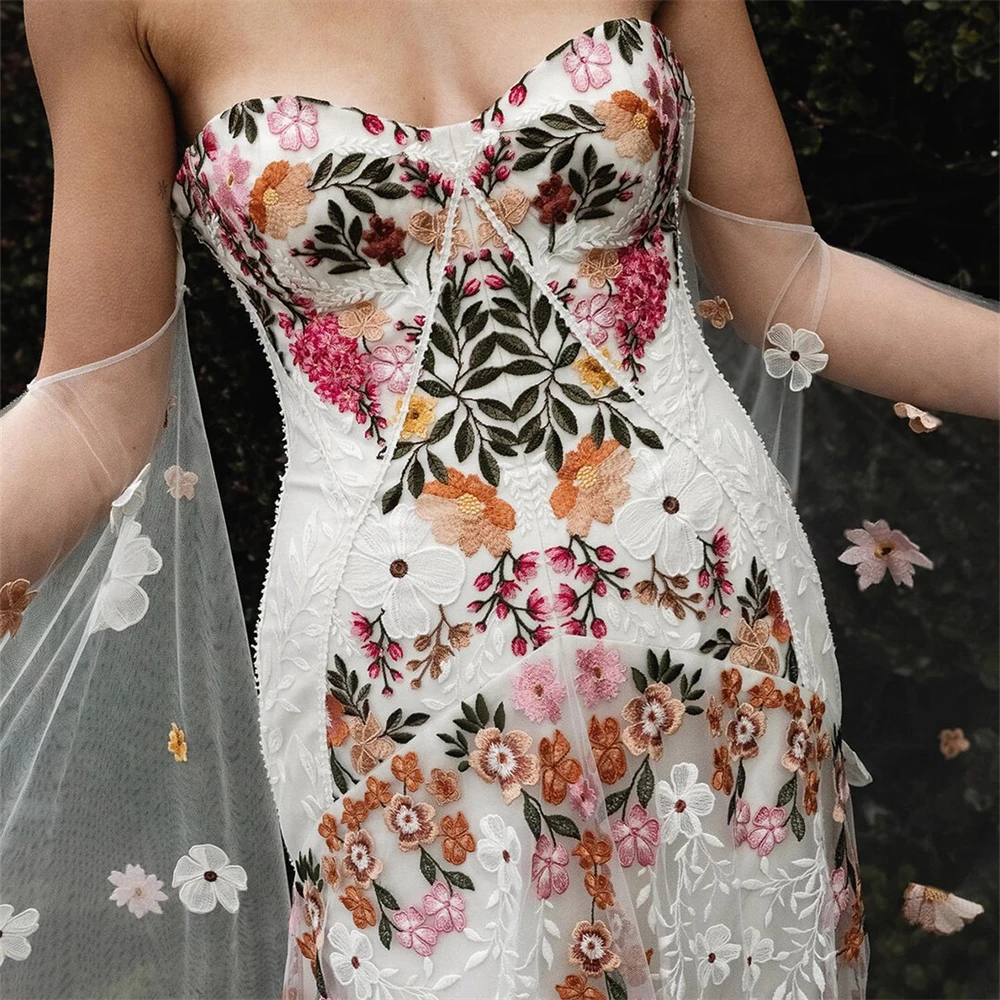 20058 #   Foto reali Fiori colorati Ricamo Abito da sposa in pizzo Senza spalline Boho Abito da sposa personalizzato con schiena bassa con per le donne 2024