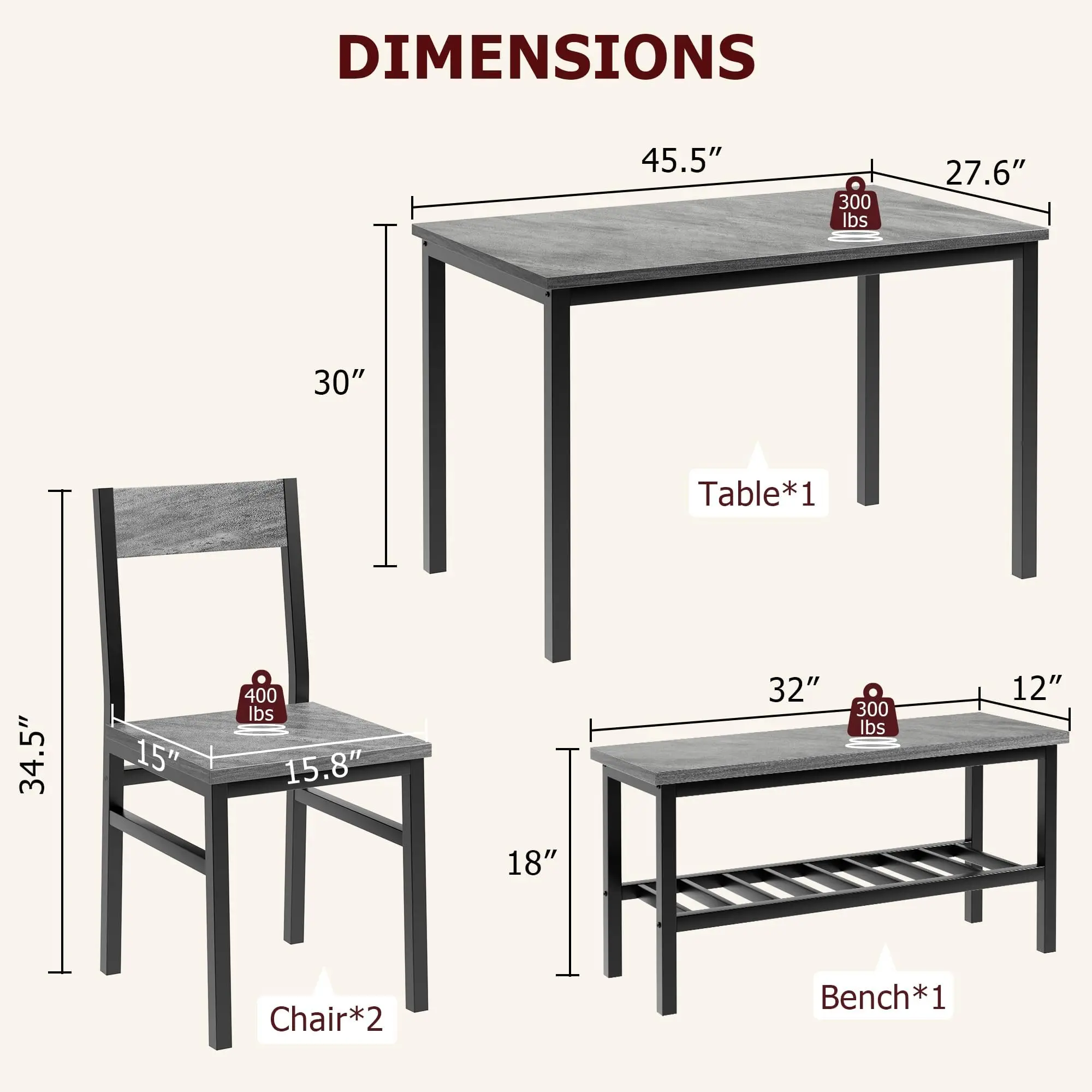 Set da Cucina 4 Pezzi, Tavolo da Pranzo con 2 Sedie e Panche per Spazi Ristretti, Gruppo da Pranzo per 4 Persone, Tavolo Rettangolare in Metallo e Leg