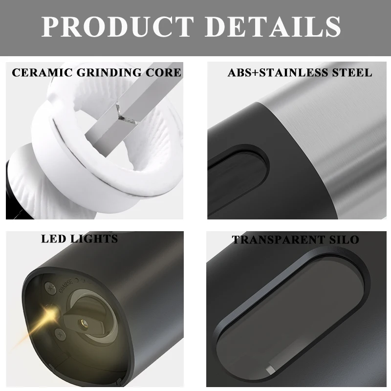 電気ソルト & ペッパーグラインダー調節可能な厚さセラミック研削コアキッチン大容量調味料LEDライト付き