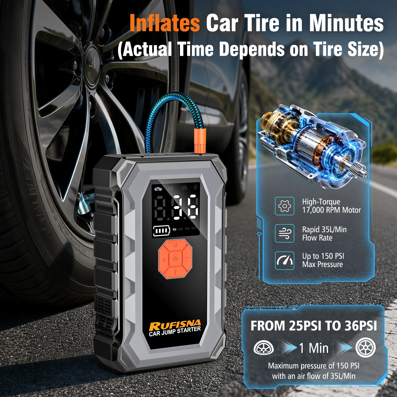 RUFISNA Car Jump Starter 3000A Peak 12V Portable ,150PSI Air Compressor Tire Inflator,All-in-One Emergency Battery Charger Power Bank,LED Flashlight,USB Output,Heavy Duty Booster for Gas Large-Displacement Vehicle,SUV,Truck,Roadside Emergency Rescue Kit - view 6