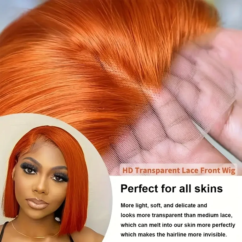 البرتقال الزنجبيل مستقيم قصير بوب شعر مستعار شعر الإنسان 13x4 الدانتيل الشفاف الباروكة الأمامية قبل قطعها 200% قصير مستقيم الزنجبيل بوب شعر مستعار