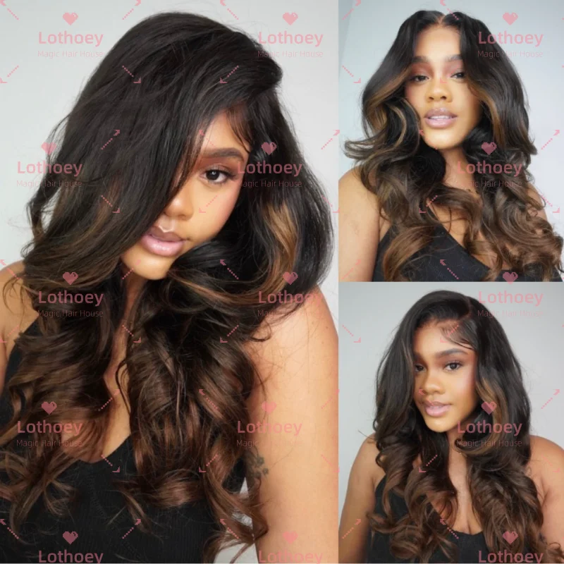 تسليط الضوء على شعر مستعار مموج باللونين البني والأسود، شعر مستعار بشري، شعر مستعار بدانتيل أمامي، شعر مستعار بقاعدة حريرية للنساء، الحياة اليومية، الحفلات، العمل، إلخ