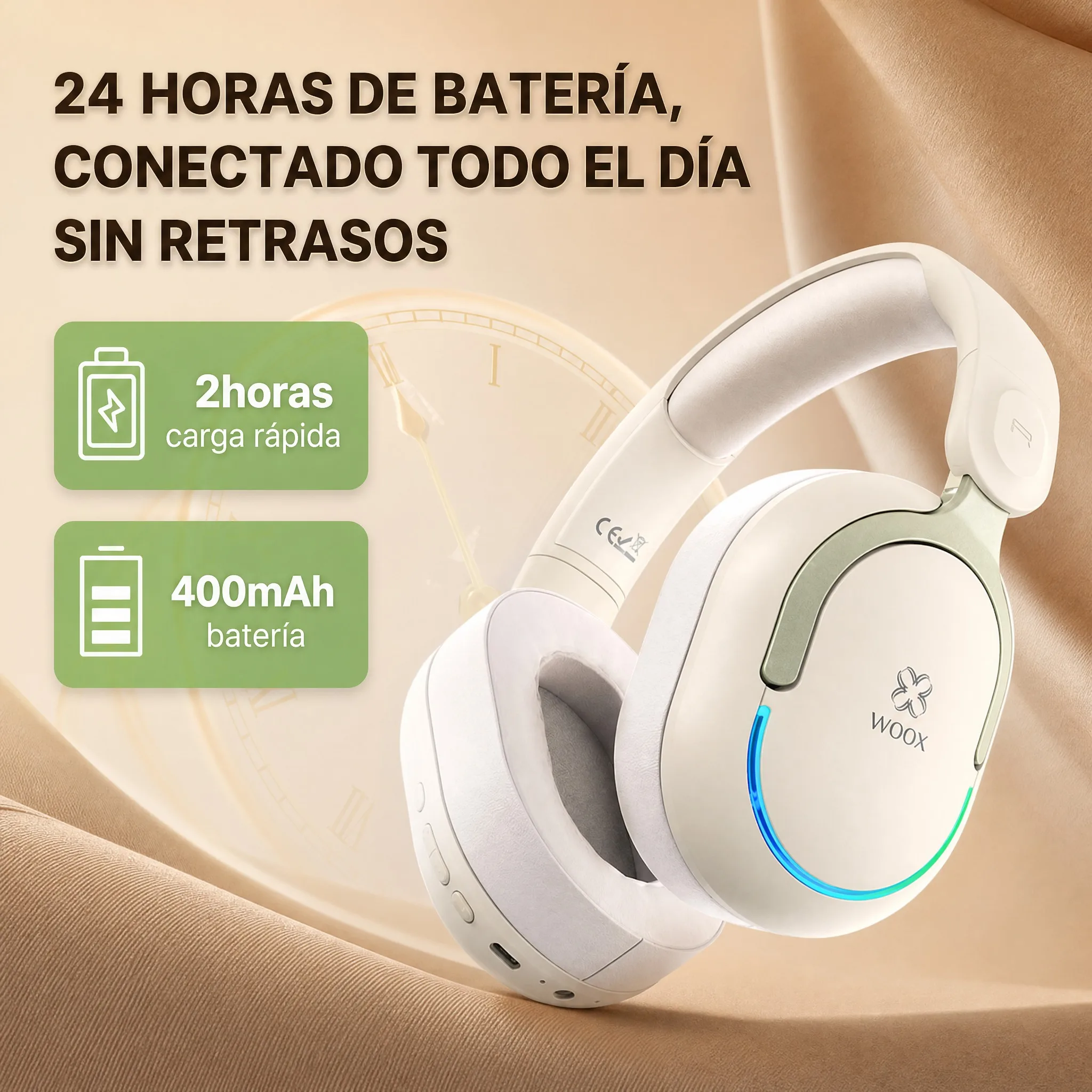 WOOX Auriculares Bluetooth Plegables con Luz LED, Hasta 19,5H de Reproducción, AUX 3,5mm, Control de Música y Llamadas, Batería 400mAh
