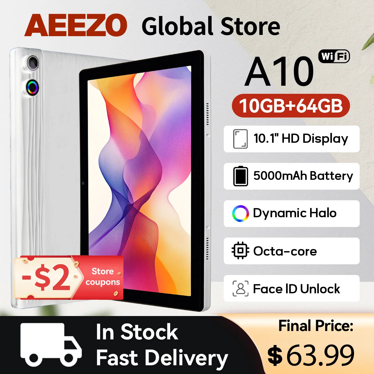 AEEZO A10 Tablet WIFI Face Unlock Tablets 10.1Inch HD IPS Display Widevine LI Android14 CPUA523 10GB+64GB 5000mAh Battery PC Pad