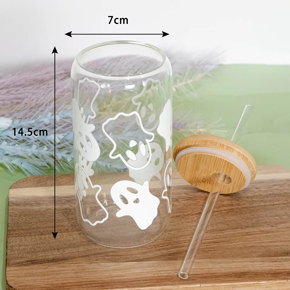 Mugs Halloween Ghost Decoration Spooky Ghost Glass Cup with Lid Straw Tumbler Iced Coffee Glassware Birthday Gift Kitchen Stuff view 3