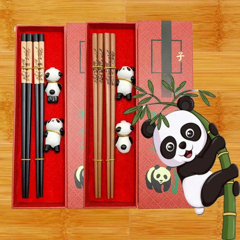 Baguettes de Panda chinois, Sushi japonais et coréen, baguettes en bois massif, cadeau de mariage, ensemble de deux paires de baguettes Hashi