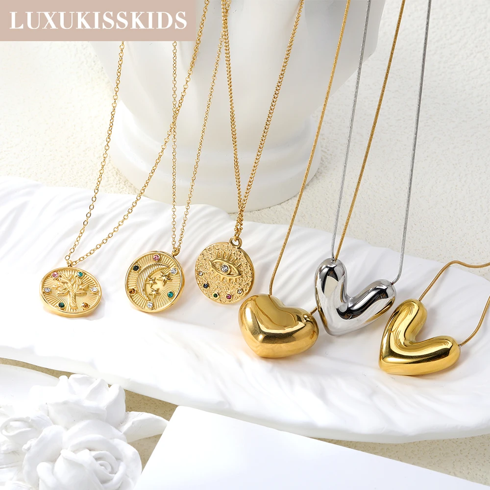 LUXUKISSKIDS Cute Cubic Heart Pendant Necklace for Woman/Girls Moon Star Romantic Eyes Collar Premium Korean No Fade Jewelry