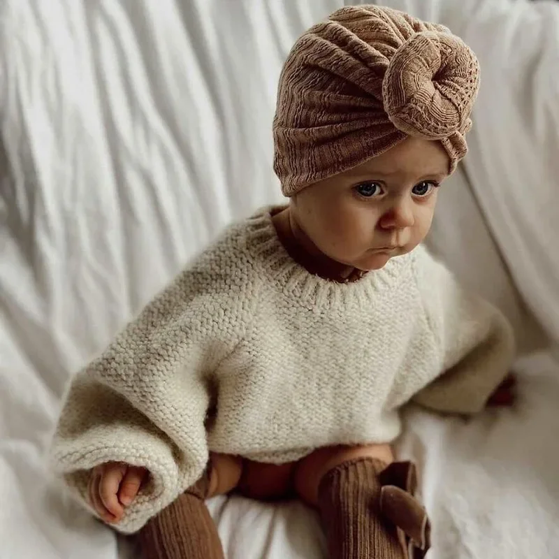 Wiązane czapki dla dziewczynki Beanie Bow Headband Infant Turban Newborn Head Accessories Winter Hat Warm Bonnet Caps Mother Kids — zdjęcie 2